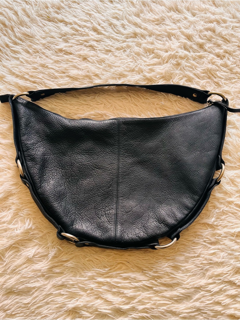 HOBO Black Pebbled Leather Crescent Slouchy Shoulder Bag Silver Rings Large